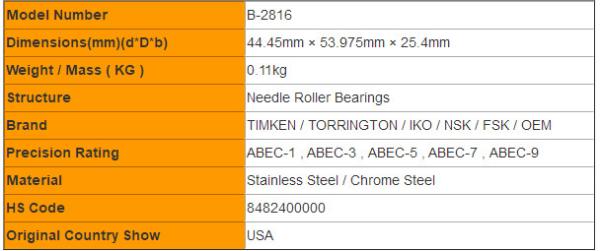 TIMKEN TORRINGTON B-2816 Needle Roller Bearing Full Complement