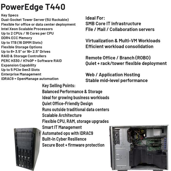 Dell PowerEdge T440 Tower Server with Intel Xeon Scalable Processors, 16 DDR4 DIMM Slots, and 8 x 3.5” SAS/SATA Drive Bays