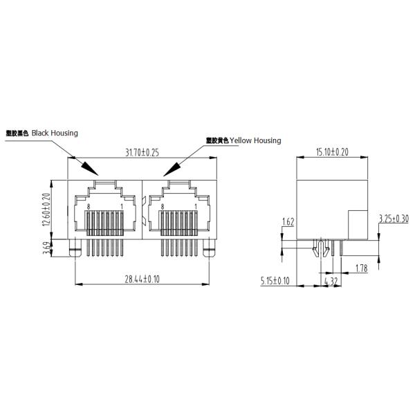 Unshielded RJ45 1x2 Two Ports Rj45 8p8c Connector Female Stitching R / A