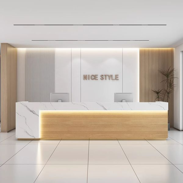 Modern Large Wooden Front Reception Desk With Counter L-shaped Commercial Office Entrances Bar Tables
