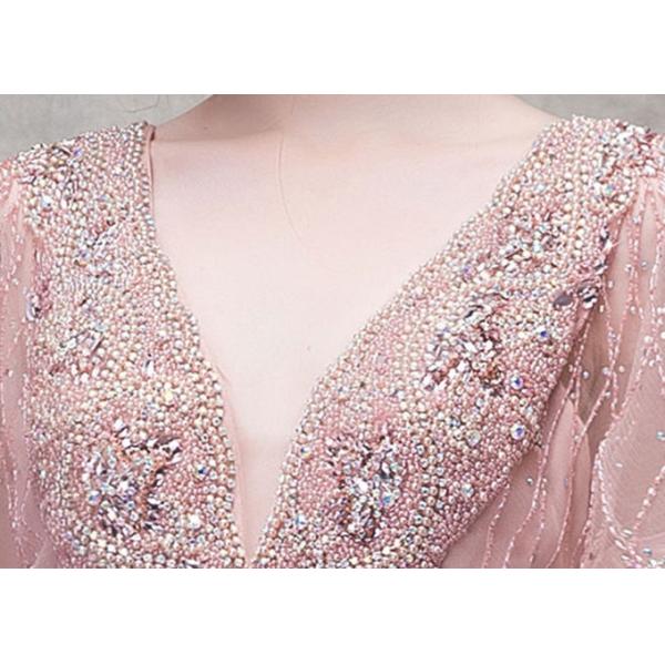 Pink V Neck Mermaid Prom Dress Lotus Leaf Sleeve Top Heavy Beading Backless