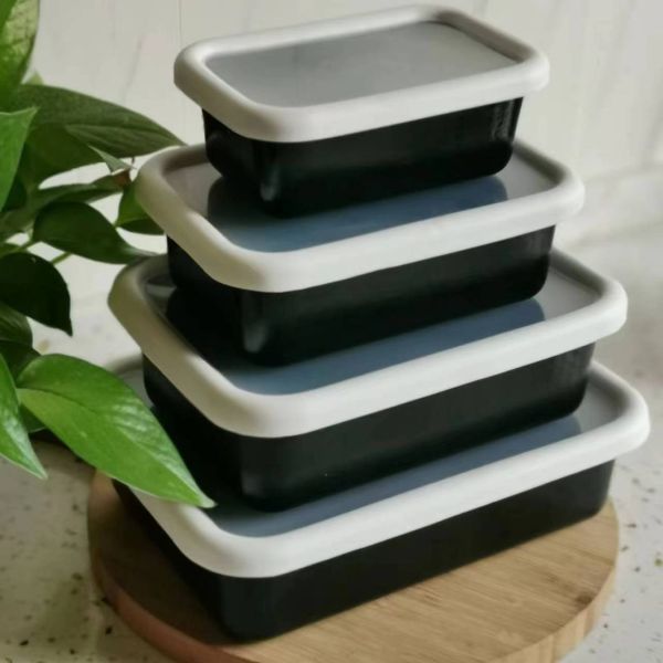 Rectangular Enamel Food Storage Containers Outdoor Picnic Lunch Box With Lid Easy Clean