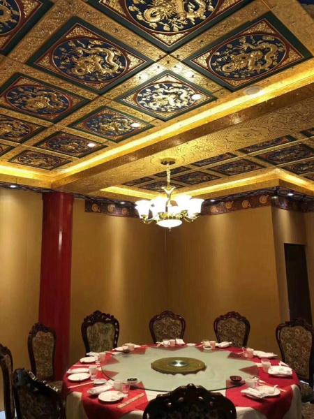 600x600mm Aluminum Metal Ceiling 3D Temple Board Gold Foil Buddha Hall Lotus