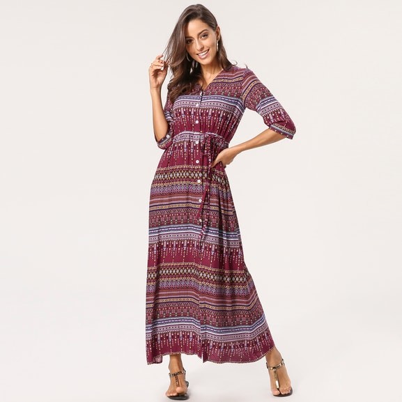 Newest Design Women Boho Maxi Dress with Button Panel