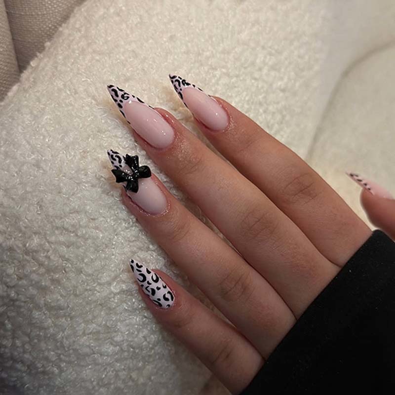 Leopard Stiletto French Tip Fake Nails Nude Pink 3D Bow Glossy