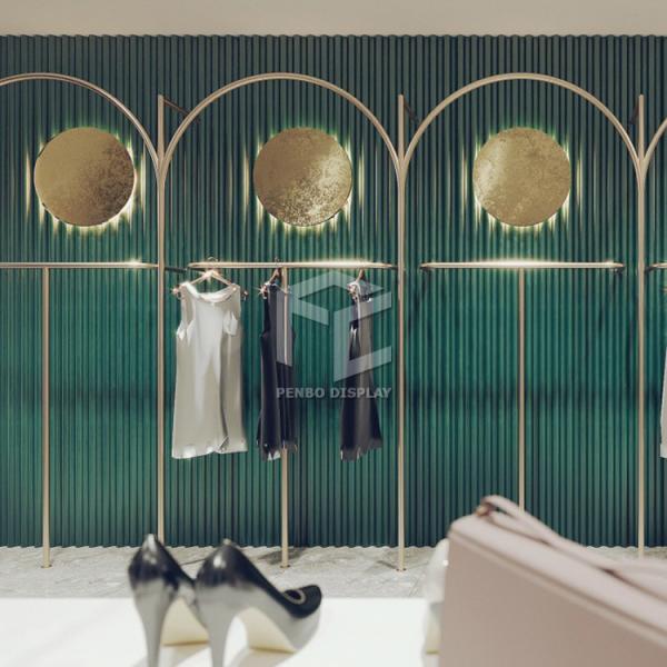 Lady Clothing Electroplate Boutique Display Racks Stands Customized