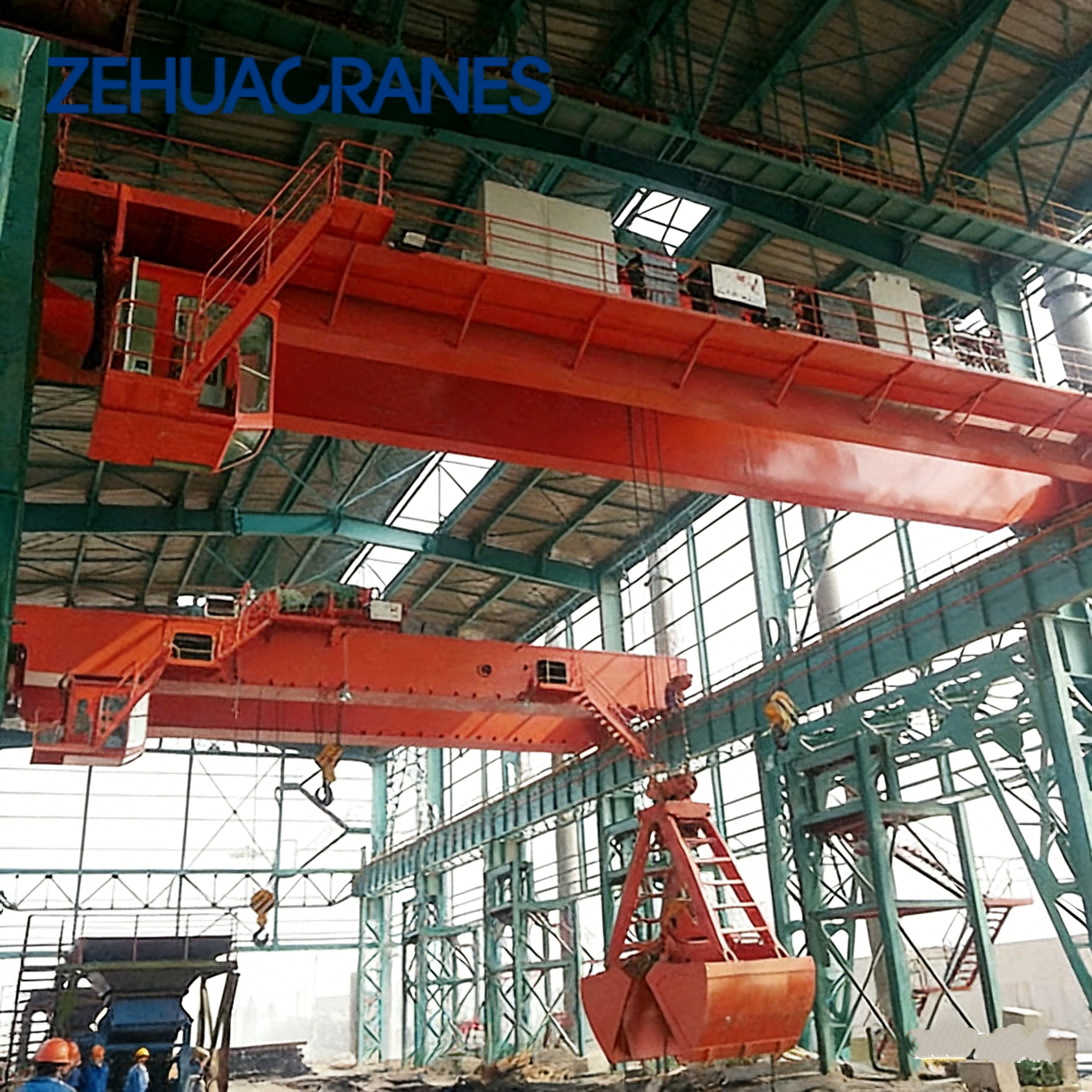 Zehua Intelligent Double Girder Overhead Crane PLC Control Customizable Span with Clamshell Grab for Cement Handling