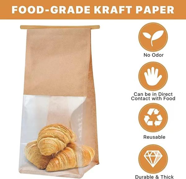 No Odor Thick Brown Bakery Bags with Window Paper Bread Bags Kraft Paper Bags with Window