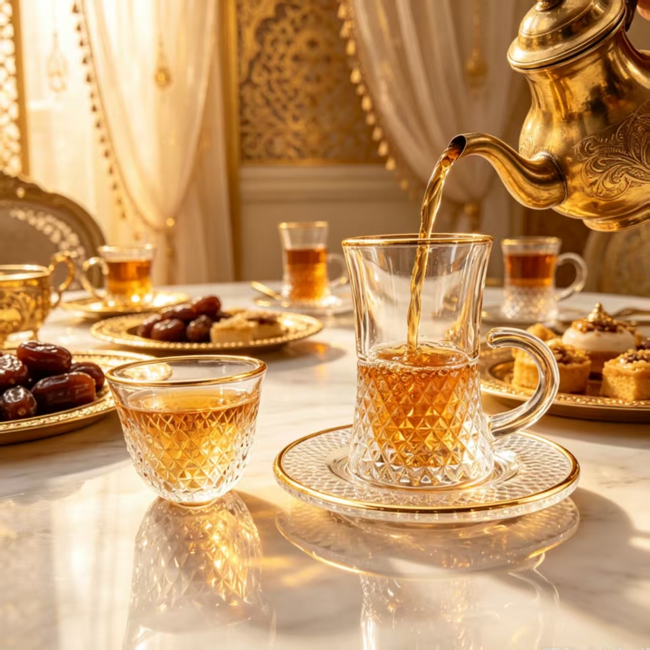 Elegant Gold Rim Embossed Glass Tea Cup with Saucer Arabic Turkish Style Glass Tea Cup Premium Quality Luxury Glassware for Tea & Coffee