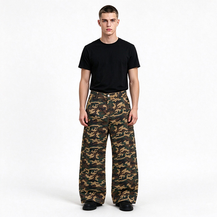 Camouflage Leopard Spliced Wide Leg Cargo Pants, Unisex Stitch Detail Streetwear Loose Baggy Camo Trousers