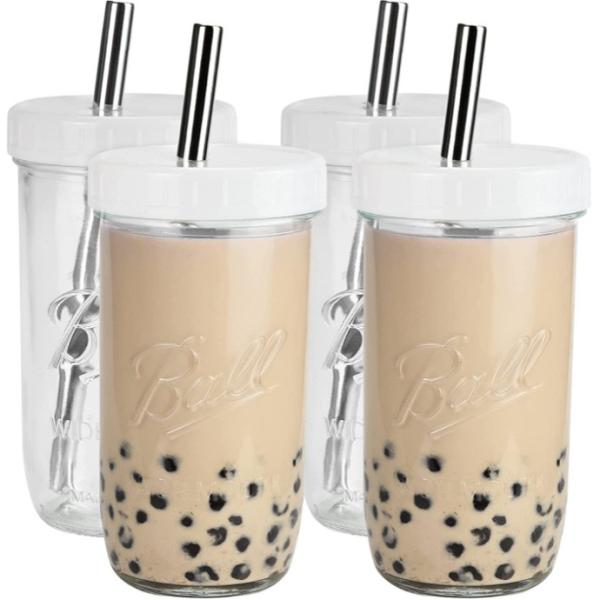 Copos reusáveis do batido do chá largo do vidro da boca com palha 16oz 24oz