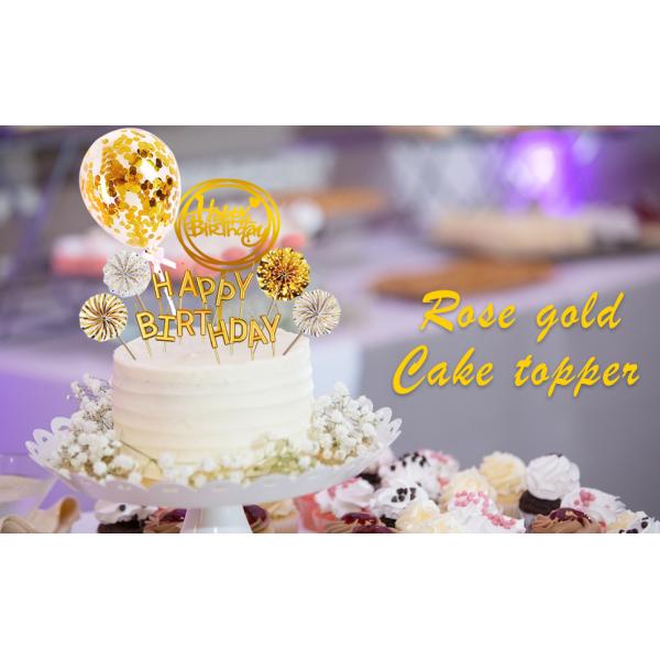 Birthday Paper Fans Banner Confetti Balloon Fireworks Golden Cupcake Topper For Gold Theme Party Decor Girl Boy Kid
