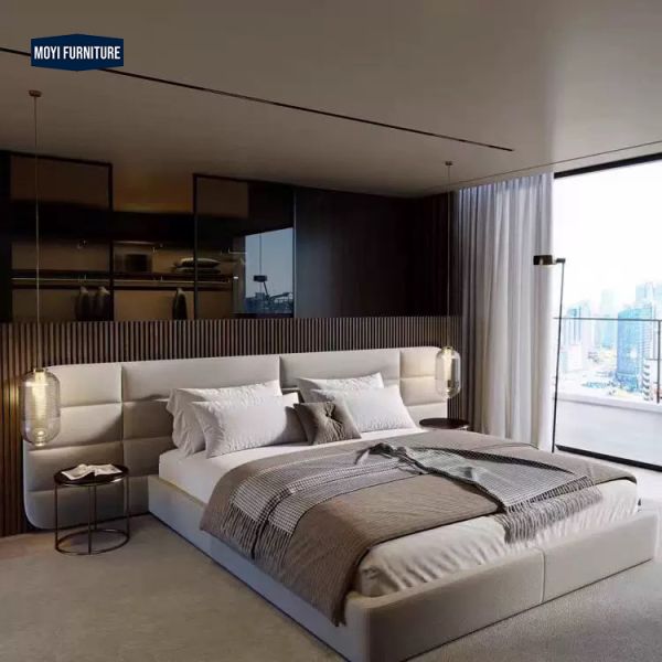 Linen Upholstered Bedroom Furniture Sets Hotel Grade Luxury Modern Villa Bed Double King Size Soft Bed Massage Sample