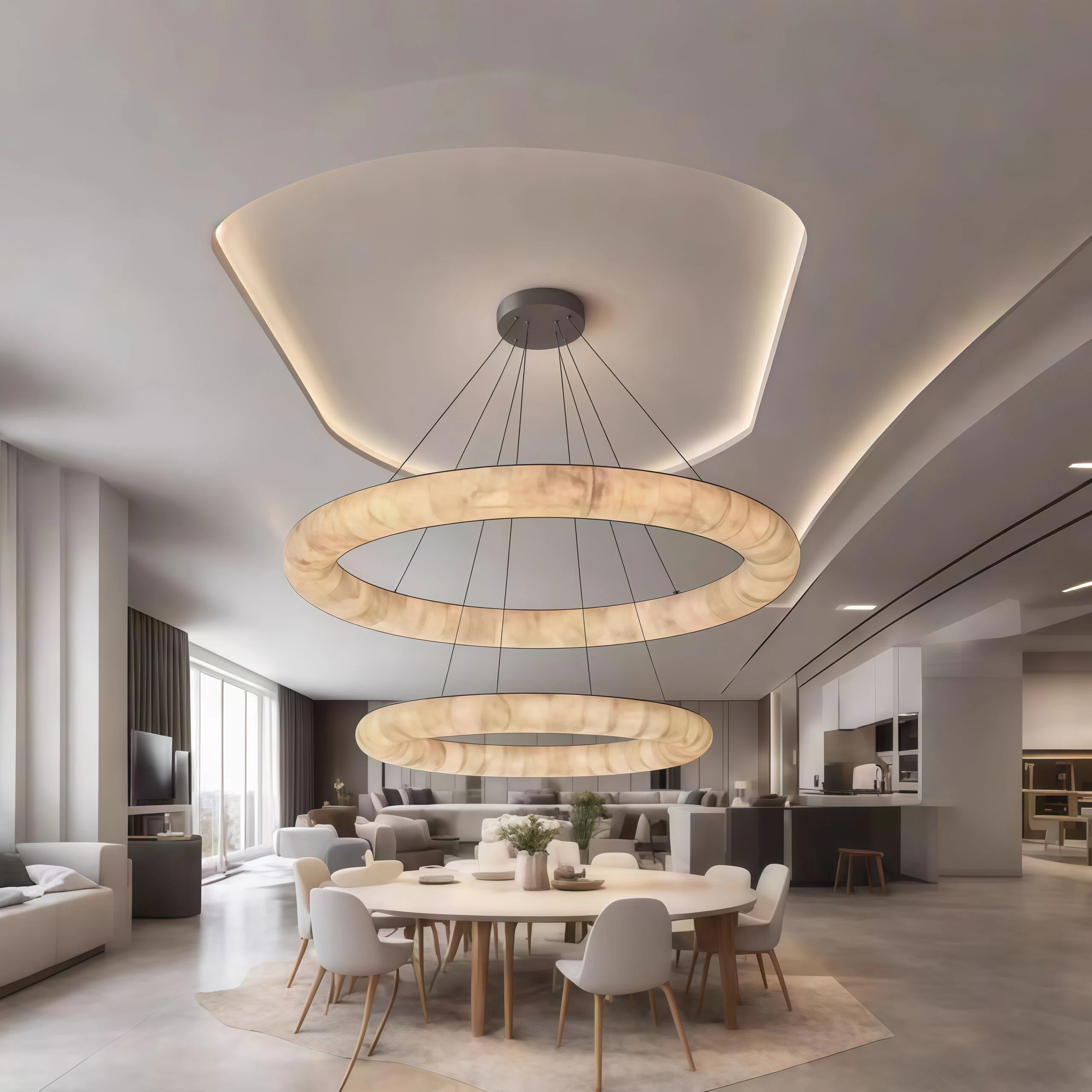JYLIGHTING Modern 2-Tier Marble & Copper LED Pendant Light, Dimmable Circular Suspension Lamp for Dining & Living Room