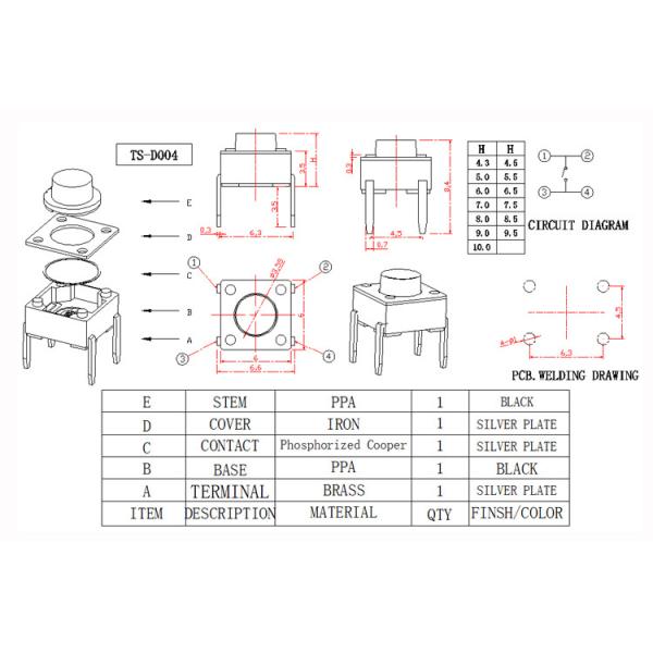 Through Hole Momentary Sealed Tactile Switch With 4 Pin Direct Operation