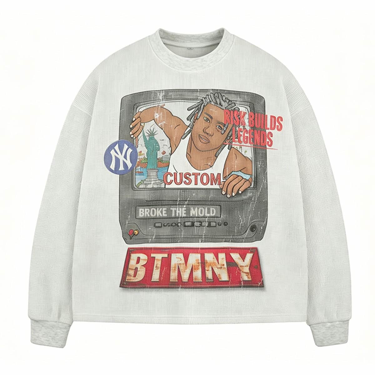 Custom Cartoon Graphic DTG Print Waffle Knit Sweatshirt for Streetwear Brands