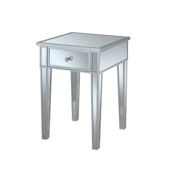 Sparkly silver mirrored nightstand square shaped end table 1 drawer corner table for living room