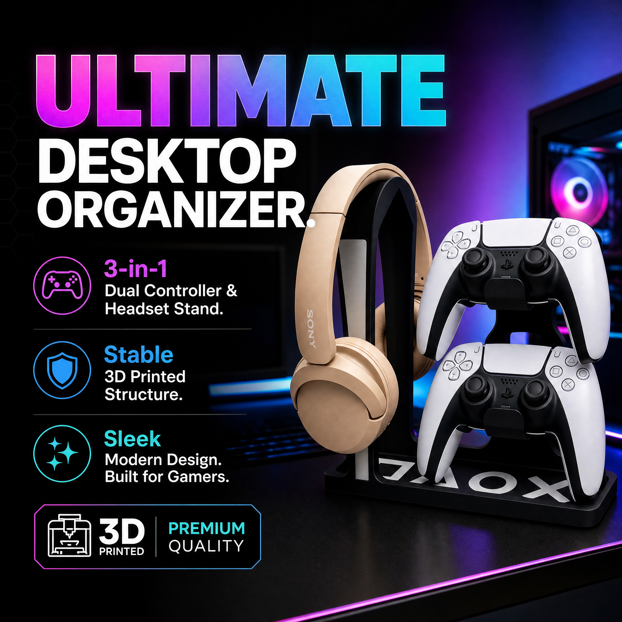 Headset Hanger Digital 3D Printing Game Symbol Base Desktop Dual Controller Holder