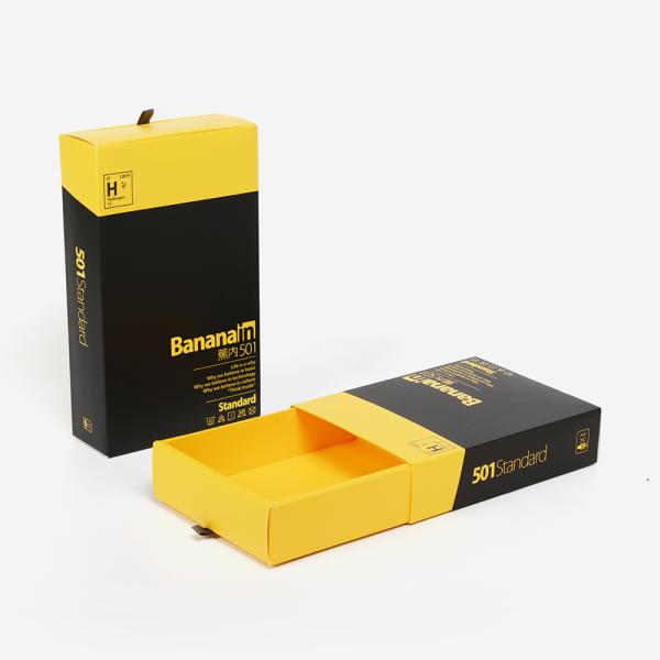 Custom Eco-friendly Matte Yellow Storage Electronic Product Paper Slide Drawer Boxes Sponge Matt Lamination Embossed for Thin