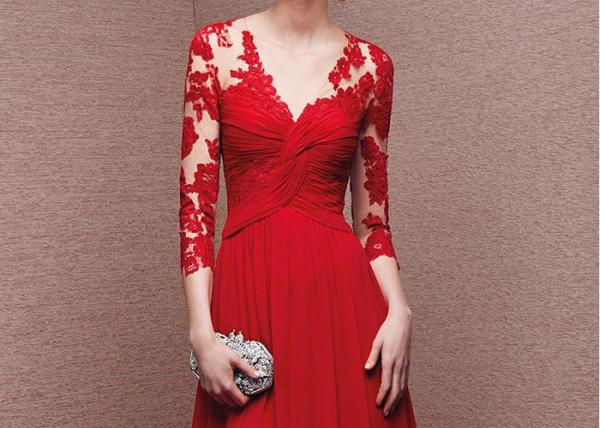Chiffon Red A Line Ball Gown / Special Pleating Transparent Long Sleeve Dress