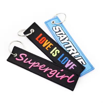 Customizable Logo Embroidered Key Tags Striped Nylon Remove Before Flight Keychain