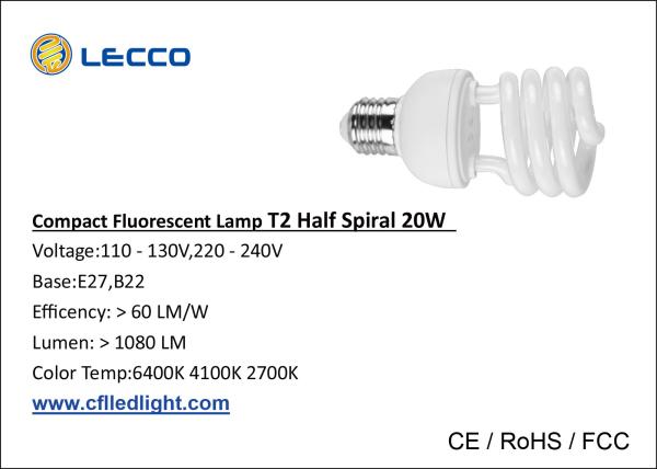 T2 20W Small Compact Fluorescent Lamps 7mm , Cfl Spiral Bulbs For Office