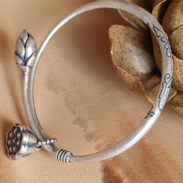 Sterling Silver Bangle Cuff Bracelet Engraved Water Lily Flower Vintage Jewelry(053128W)