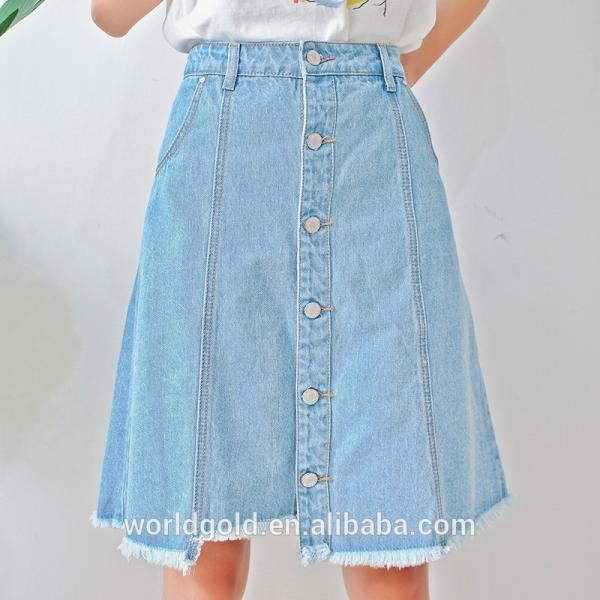 Custom Women A LINE Damaged Denim Skirt With Pearls And Frayed Hem