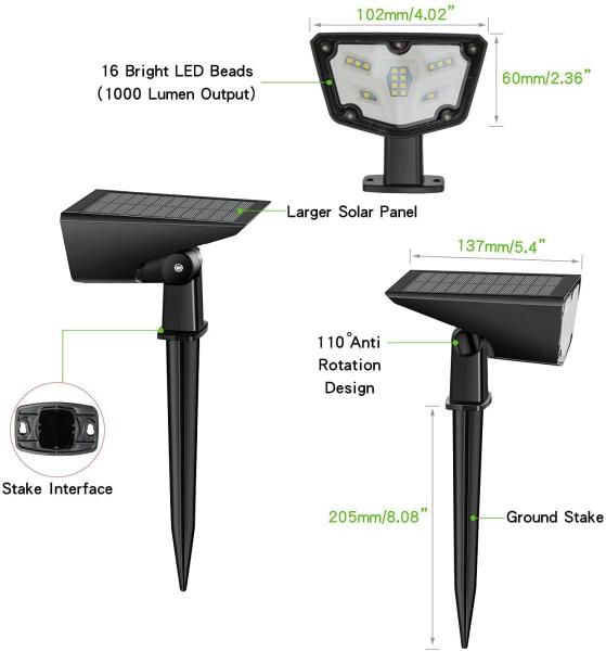 16 LED Solar Landscape Spotlights,IPX7 Waterproof Solar Powered Wall Lights