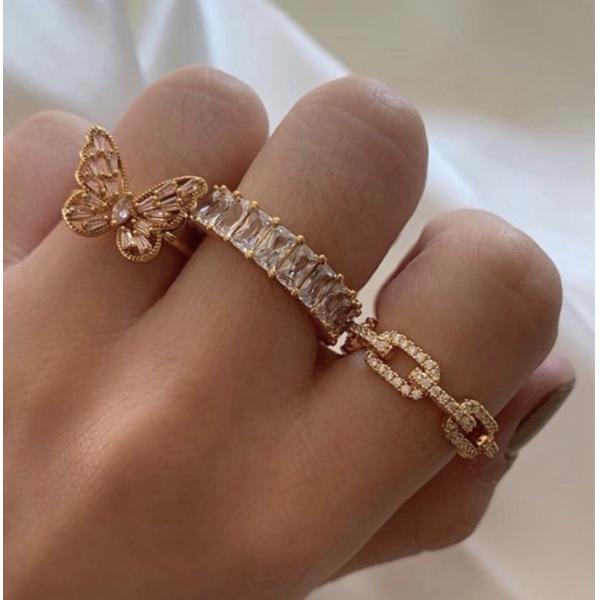 925 Sterling Silver Curb Link Chain Ring 18K Women Cubic Zirconia Rings