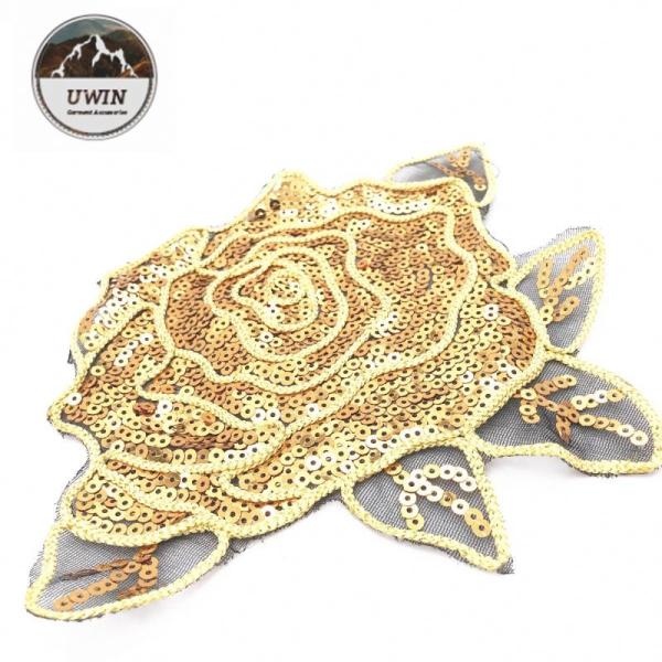 Gorgoes Golden Floral Sew On Patches , Shiny Rose Embroidery Patch For Garment