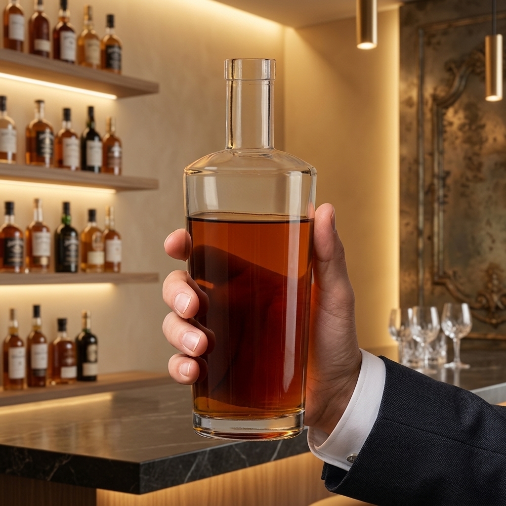 750ML Nordic Round Liquor Glass Bottle With Heavy Base Wooden Cork Stopper For Whiskey Vodka
