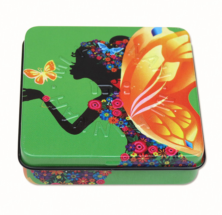 Square Rectangular Tin Box with hinged lid with plastic inner and mirror