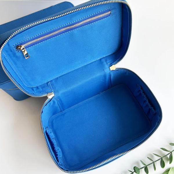 Blue Color Pu Pebble Leather Cosmetic Travel Case Unisex Custom Logo With Soft Handle