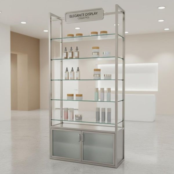 120cm X 60cm X 180cm Cosmetic Display Shelves with Tempered Glass Stainless Steel 50kg Per Shelf Modern Appearance for Retail Stores