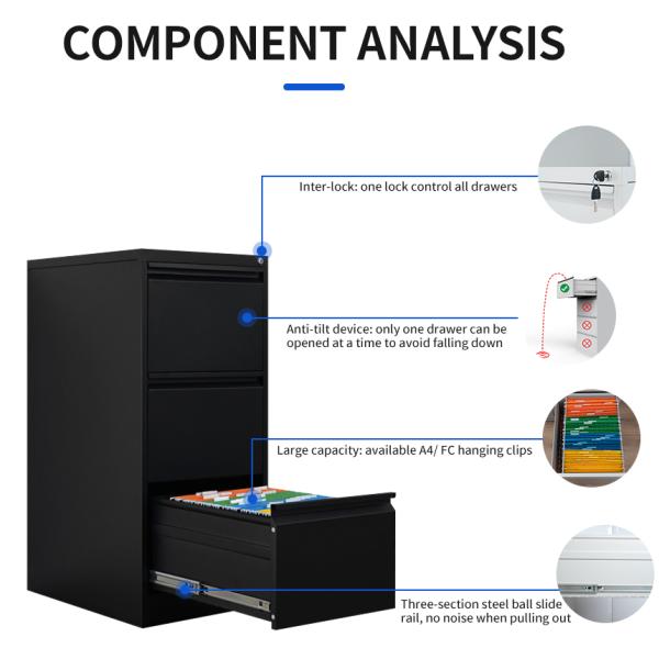 Large Capacity Black Metal 3-Drawer Filing Cabinet Adjustable Office Furniture Steel Storage Home Office Bedroom Kitchen Plastic