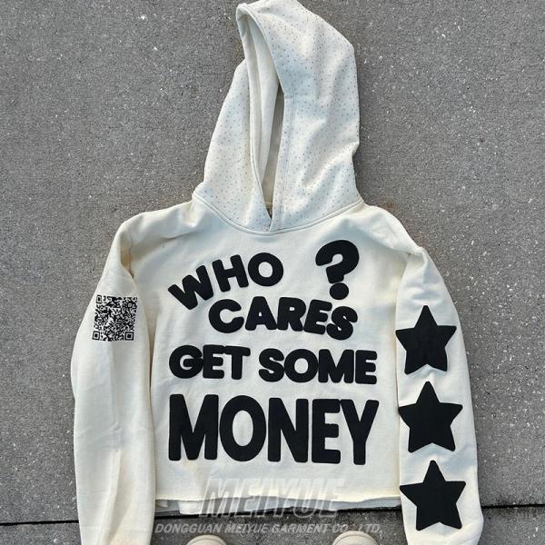 Rhinestone Pullover Hoodie Puff Printing Oversized Drop Shoulder Hoodie 500 Gsm