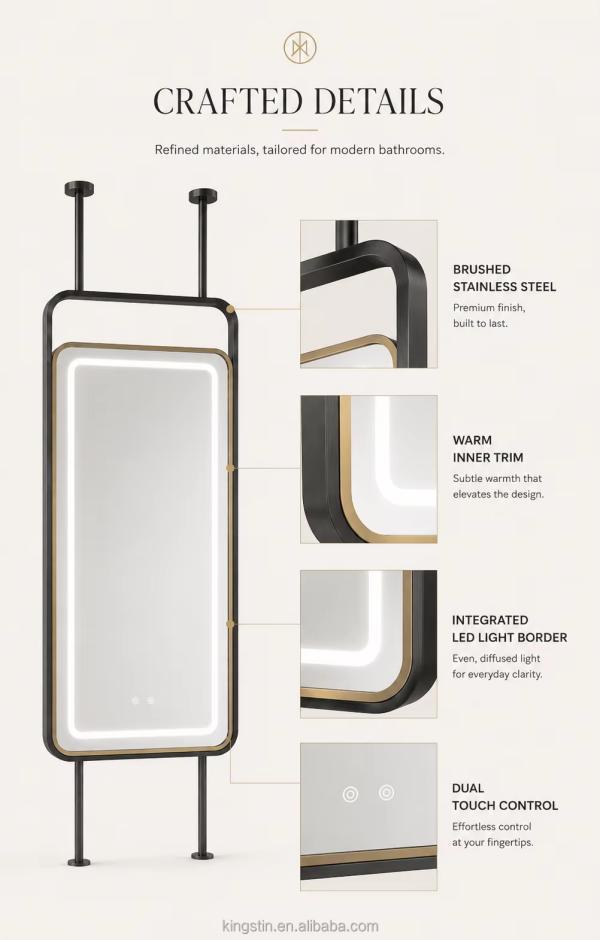 Kingstin Stainless Steel Suspended LED Bathroom Mirror for Semi-Open Vanities, 3 Color Temperature, Anti-Fog, Custom Rods