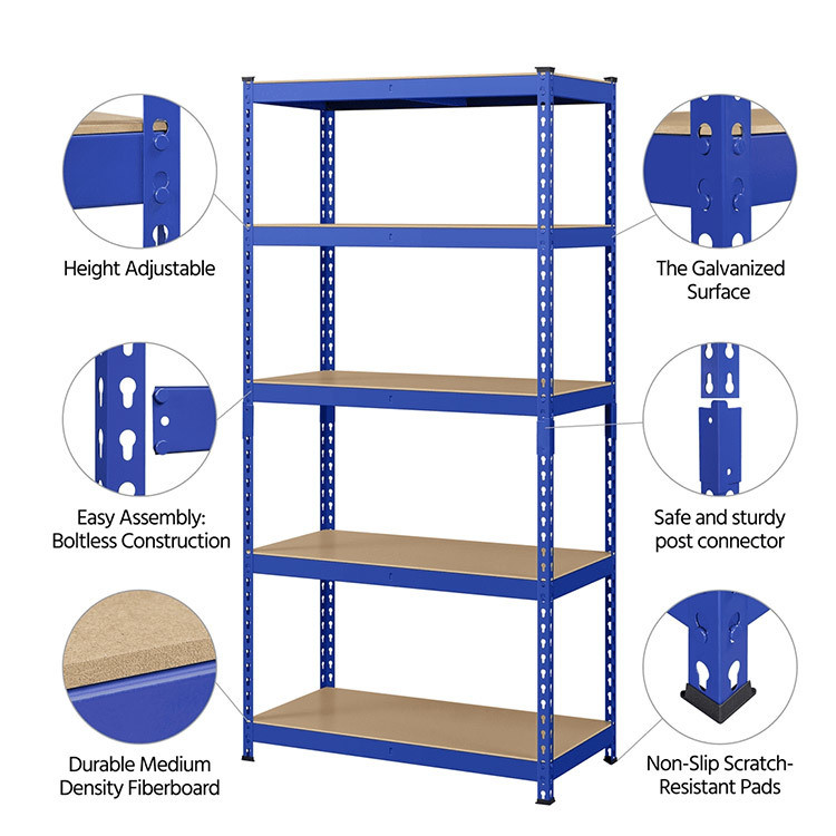 Stocked 5-Tier Industrial Metal Light Duty Rack Steel Boltless Rivet Shelving for Warehouse