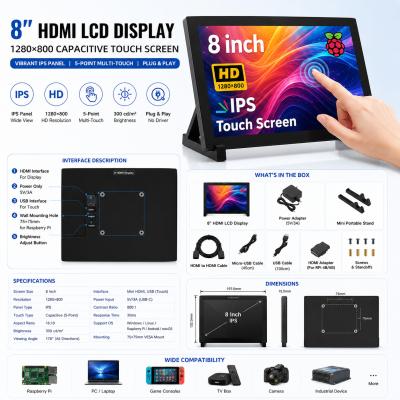 Compact 8 Inch HDMI Display 1280x800 Capacitive Touch Screen With 5 Point Multi