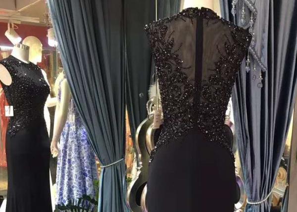 Sleeveless Sexy Black Mermaid Dress Perspective Top Heavy Beading Small Train