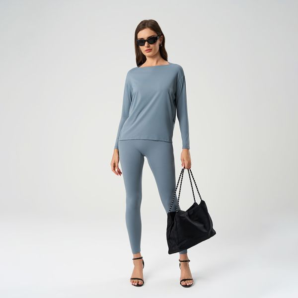 Soft Modal Long Sleeve Boat Neck Top and Leggings Set Dusty Blue Stretchy Breathable