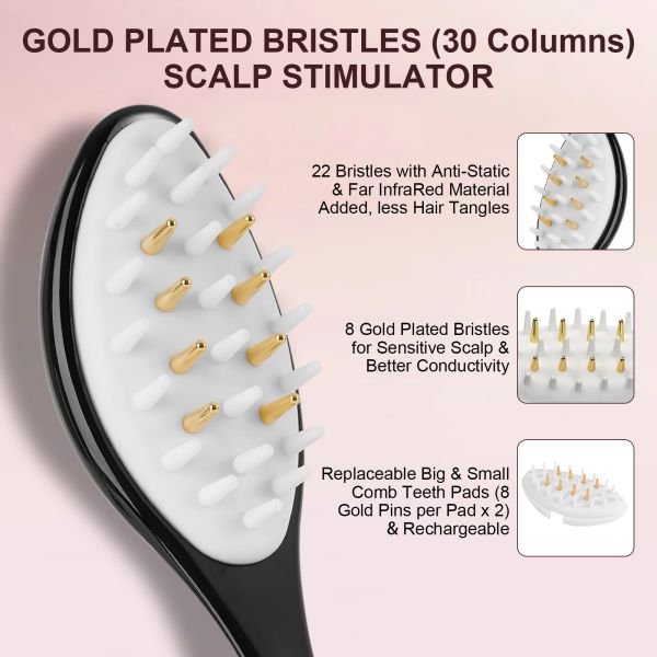 Electric Hair Brush with 650nm Red Light Therapy and EMS Microcurrent Technology Featuring Type-C Charging
