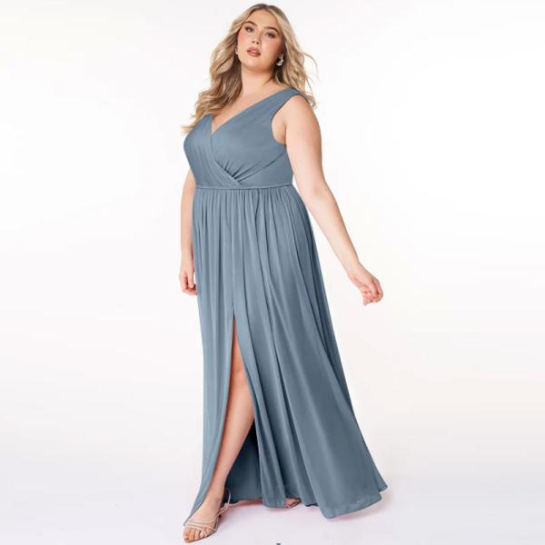 Elegant A-Line Front Split Slit Sky Blue Chiffon V-Neck Sleeveless Pleated  Backless Plus Size YKK Zipper