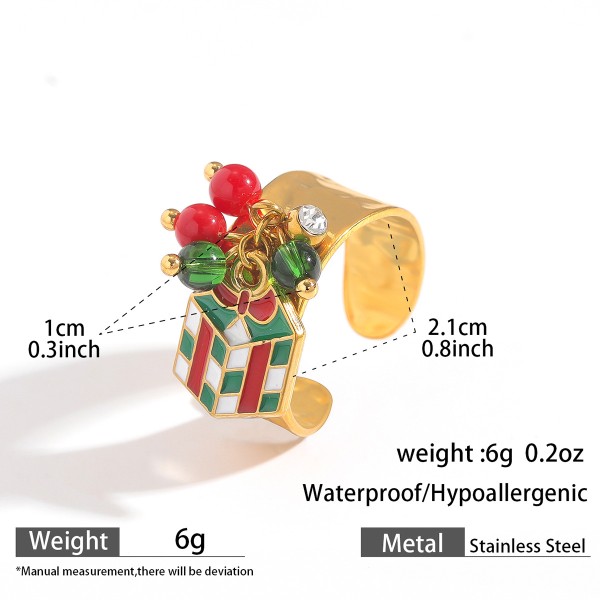 Fashion Popular Stainless Steel Enamel Christmas Tree Stocking Reindeer Snowflake Jewelry Rings 18k Gold Plated Adjustable Ring