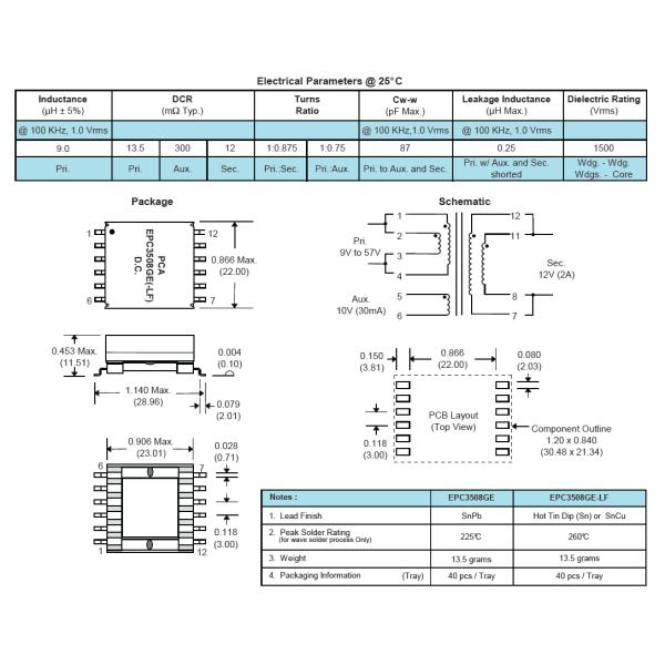 Трансформатор PoE Flyback EFD20 EPC3508GE & EPC3508GE-LF SMPS конструировал работать с линейным техником. LTC4278