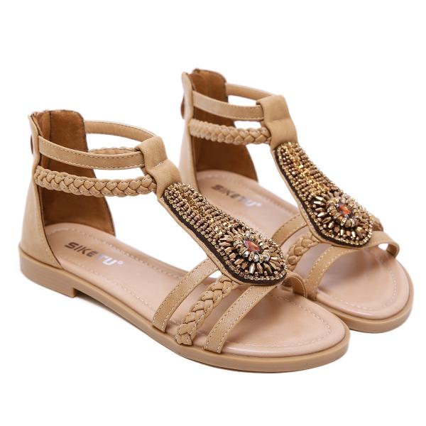 BS140 New Summer Sandals Female Bohemia Retro Beaded Zipper Rhinestone Roman Sandals Flat Shoes Wholesale Brand Shoes To