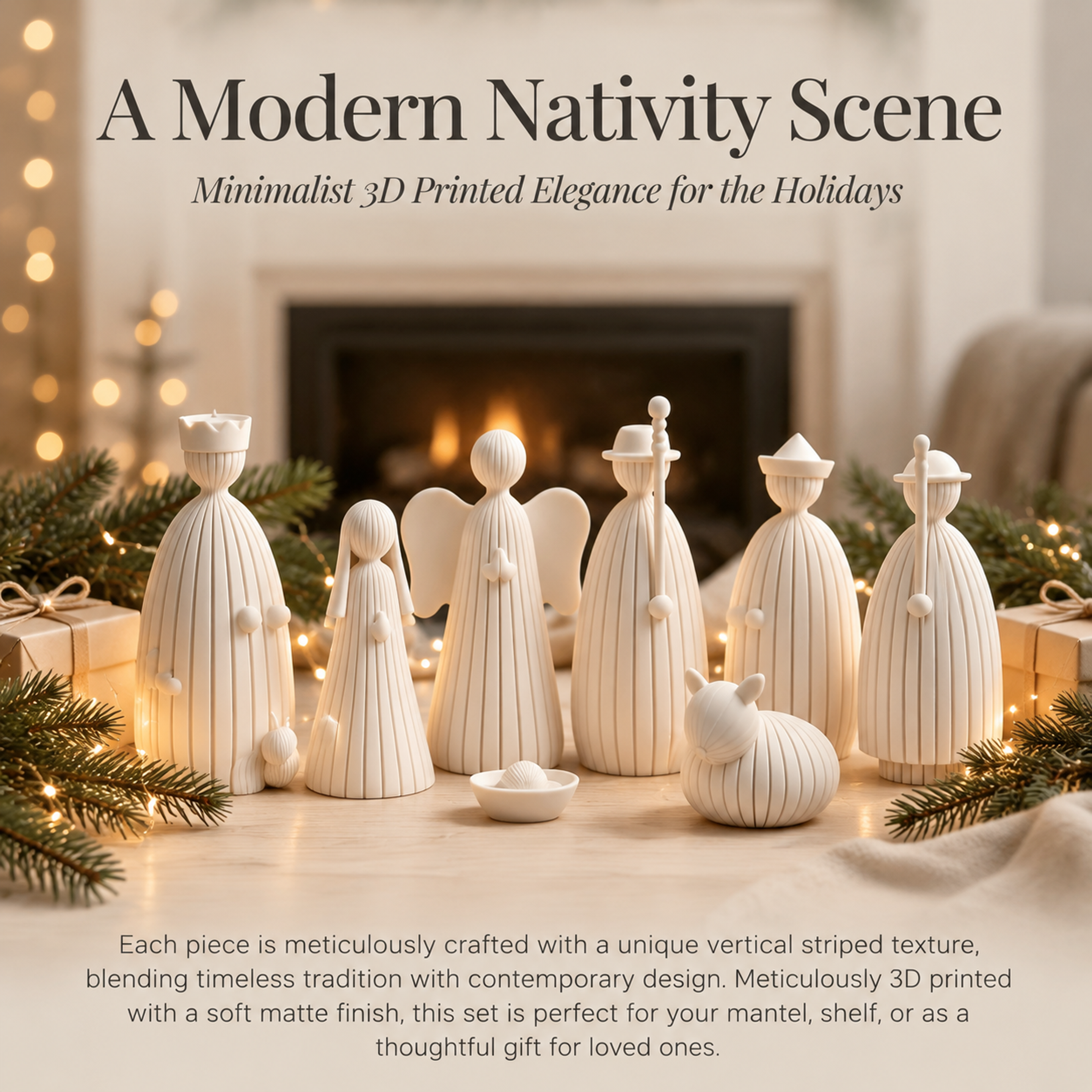 Minimalist 3D Printed Holiday Decoration Styling Xmas Nativity Textured Figurine Set