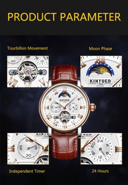 Tourbillon Automatic Movement With Moon Phase Mechanical Watch Fashion Leather Mechanical Mens Watch