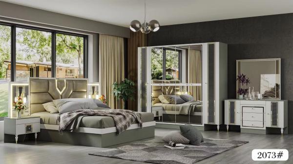 Wood Panel MDF Glass Bedroom Furniture Set King Bed White Dresser Black Nightstand
